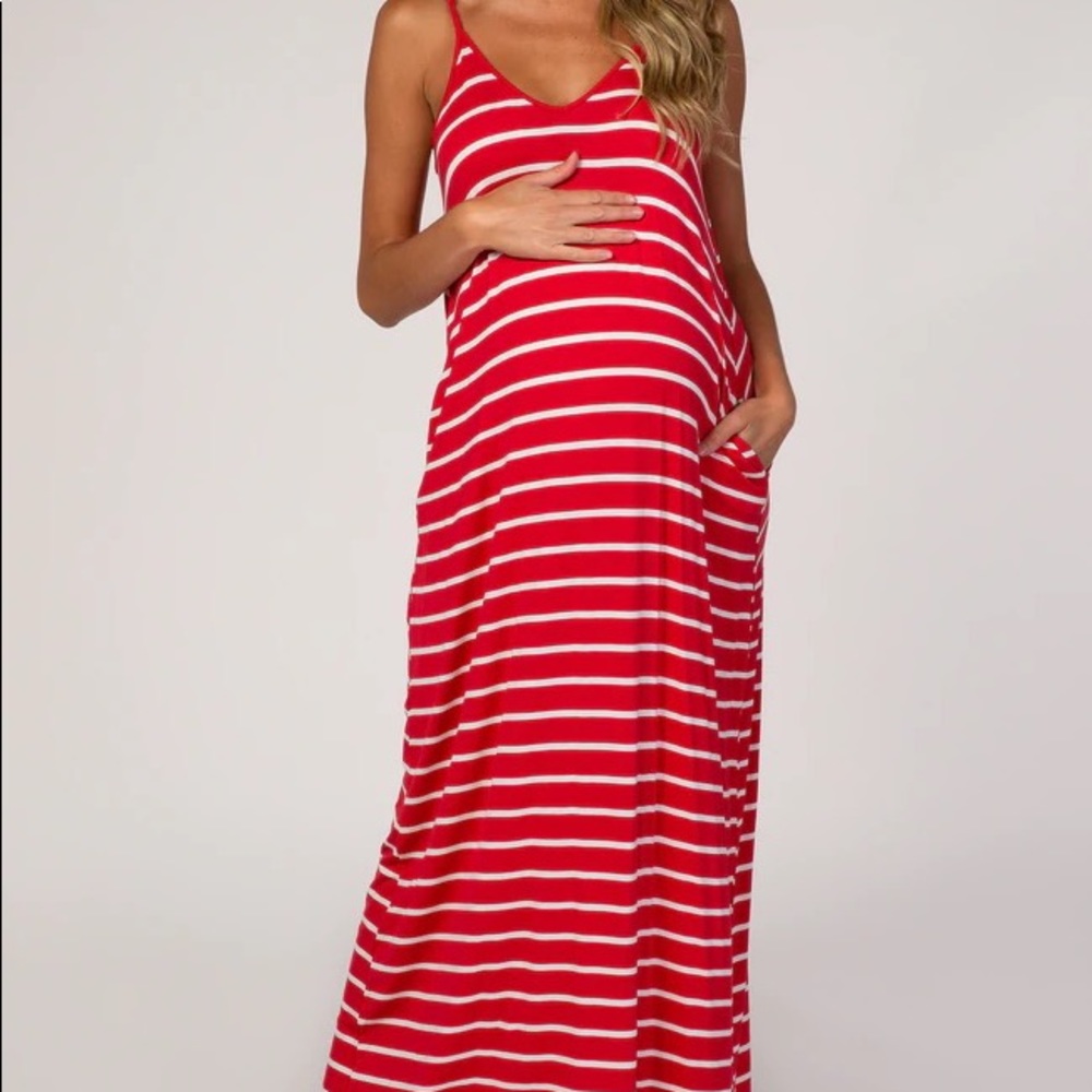Pink Blush Red and White Stripe Maternity Dress